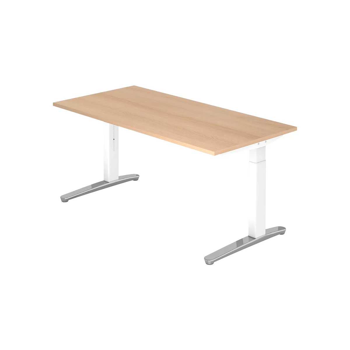 An adjustable height desk with a wooden top and white legs. It stands in front of a white background.