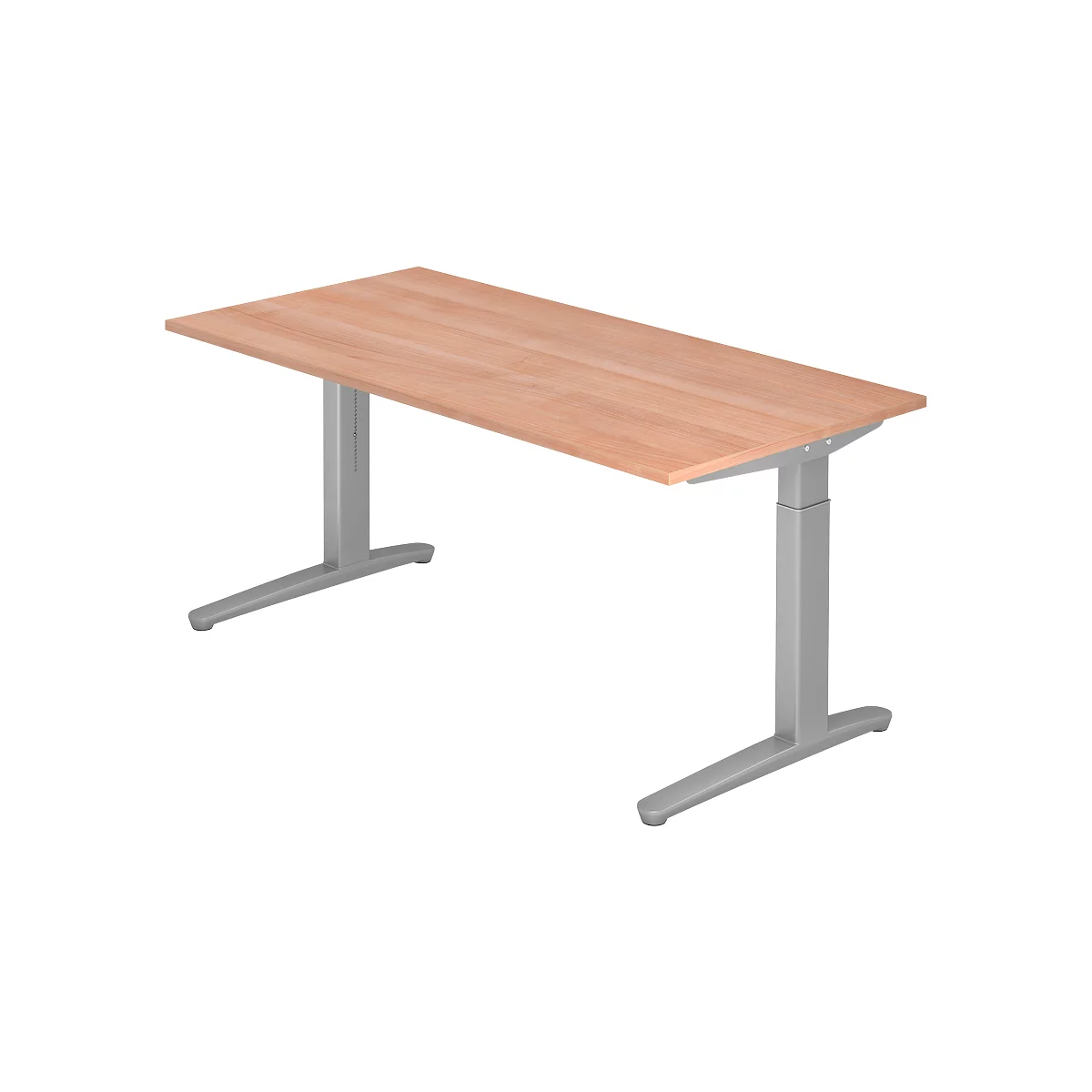 A rectangular, height-adjustable desk with a light brown tabletop and gray metal legs.