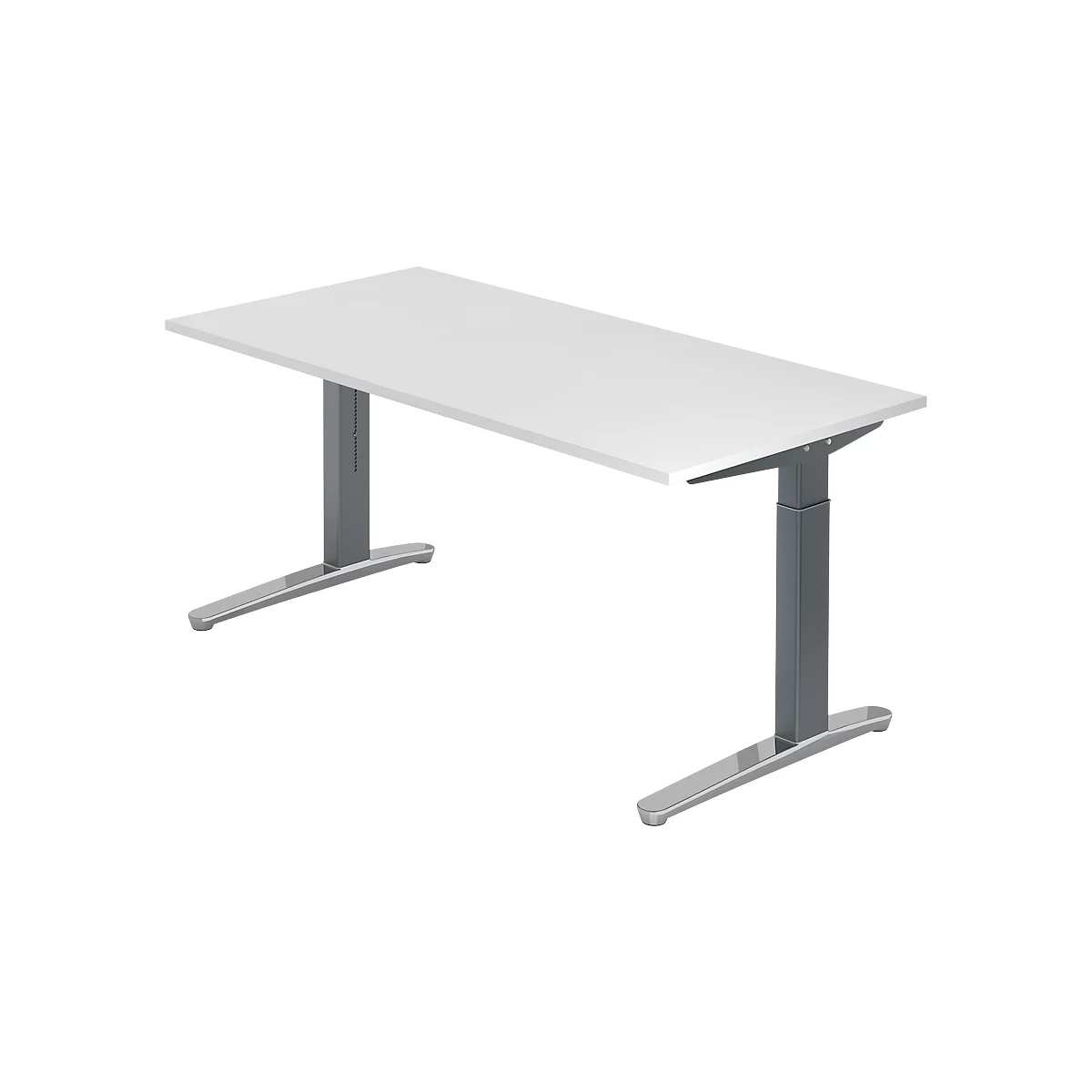White desk with gray, height-adjustable legs. The table has a rectangular shape and stands on two sturdy feet.