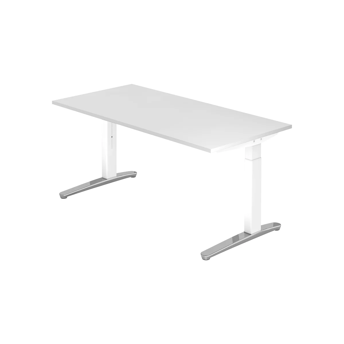 White rectangular desk with adjustable white legs and silver feet.