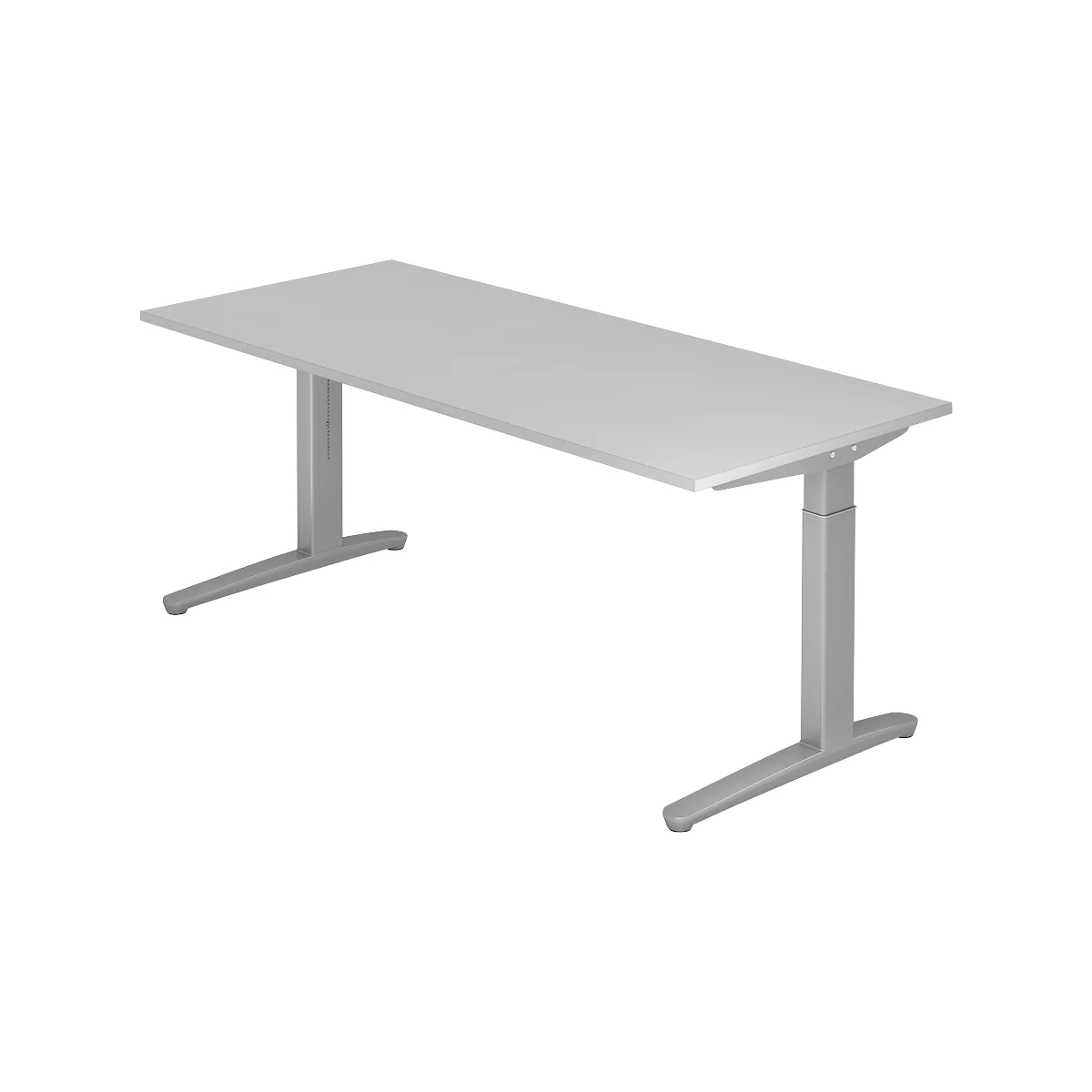 A rectangular gray desk with two T-shaped legs. The height is adjustable.