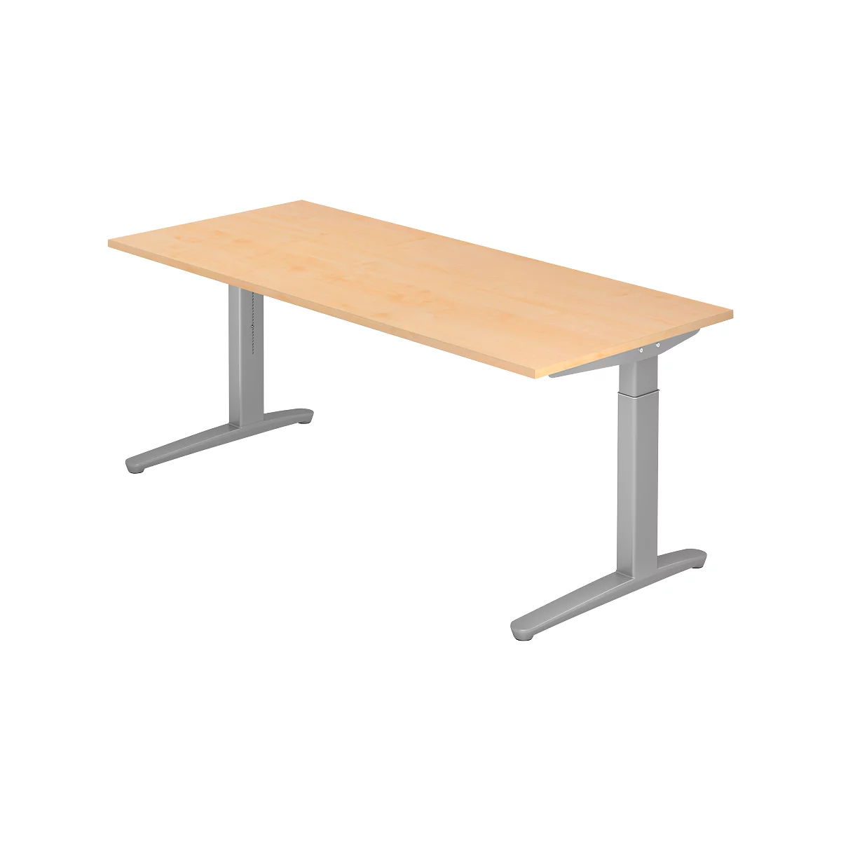 A light brown desk with silver legs, viewed from below. The tabletop is rectangular.