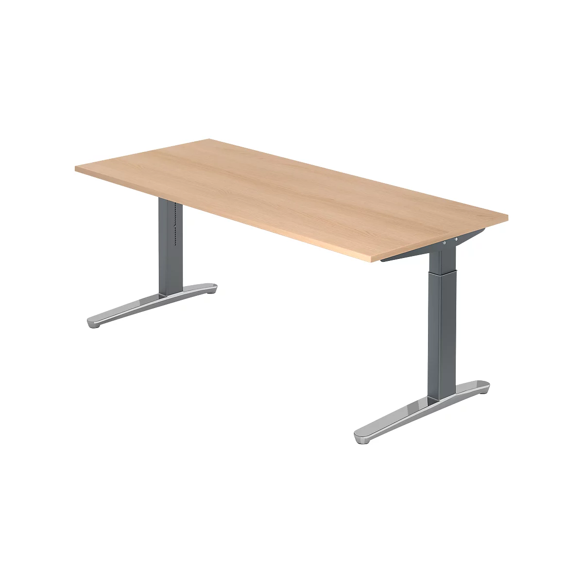 A light-colored desk standing on two gray, height-adjustable legs.
