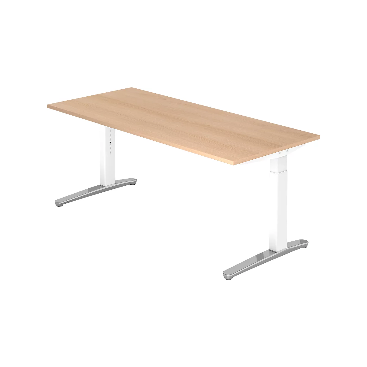 Light brown rectangular standing desk with white legs and silver feet.
