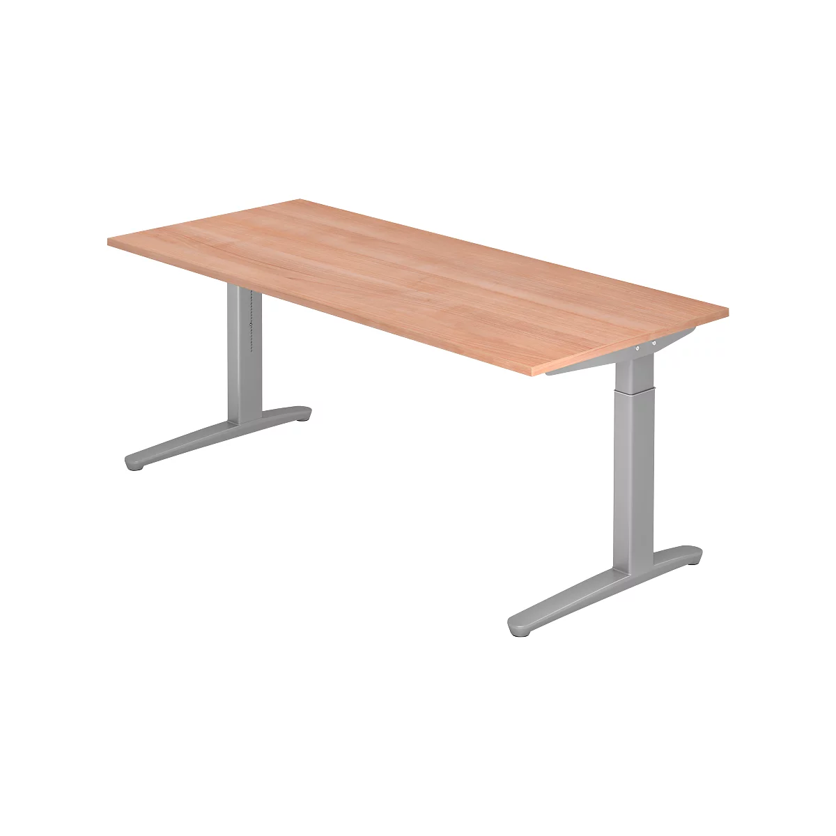 An adjustable height desk, with a rectangular wooden top and gray metal legs.