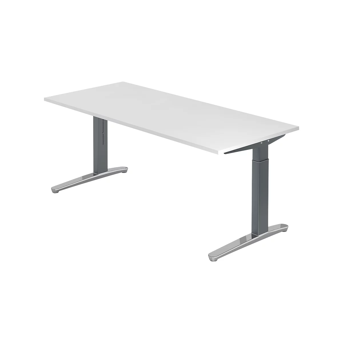 White rectangular desk with height-adjustable, grey feet. The desk stands against a white background.