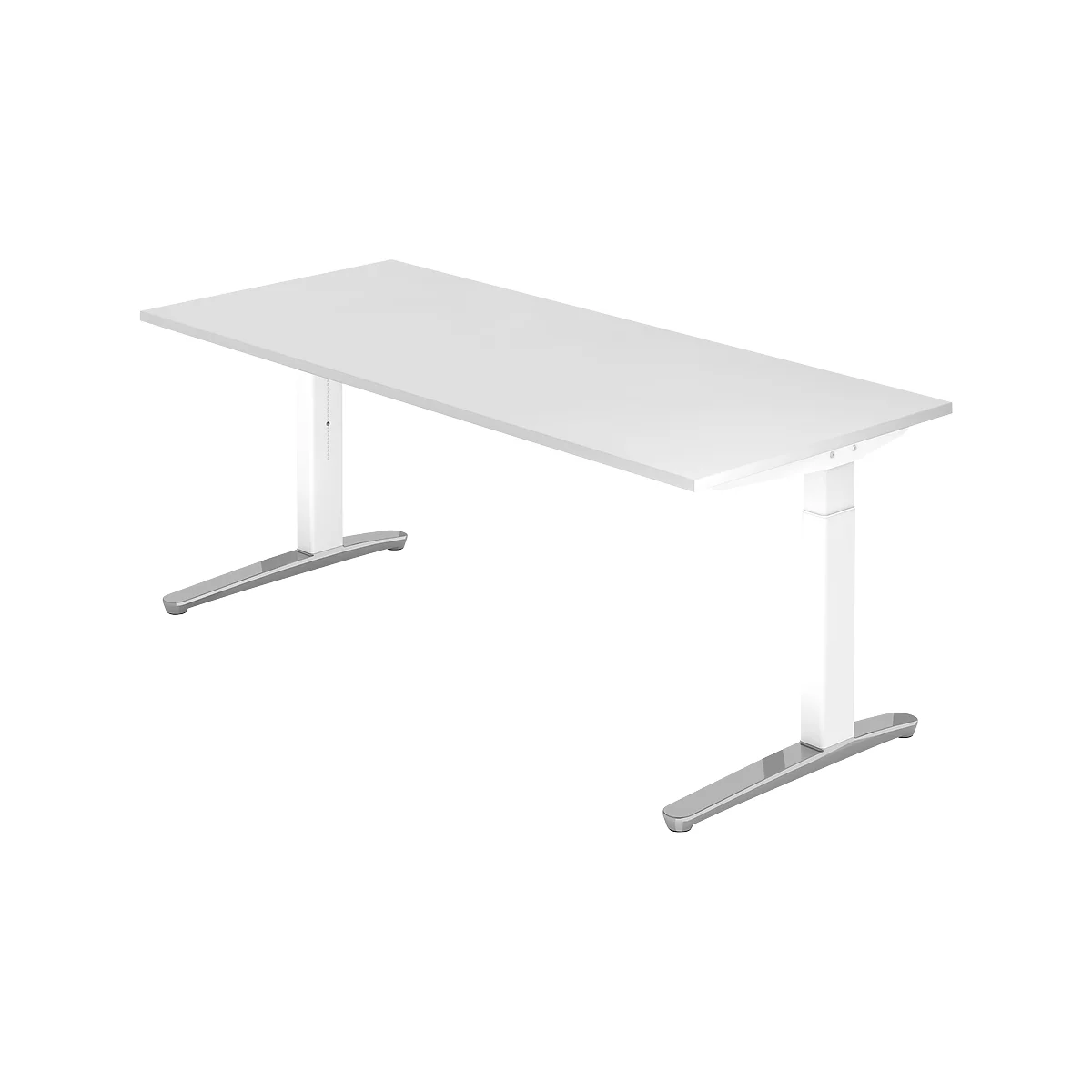 A white height-adjustable desk with rectangular top, two columns and silver feet.