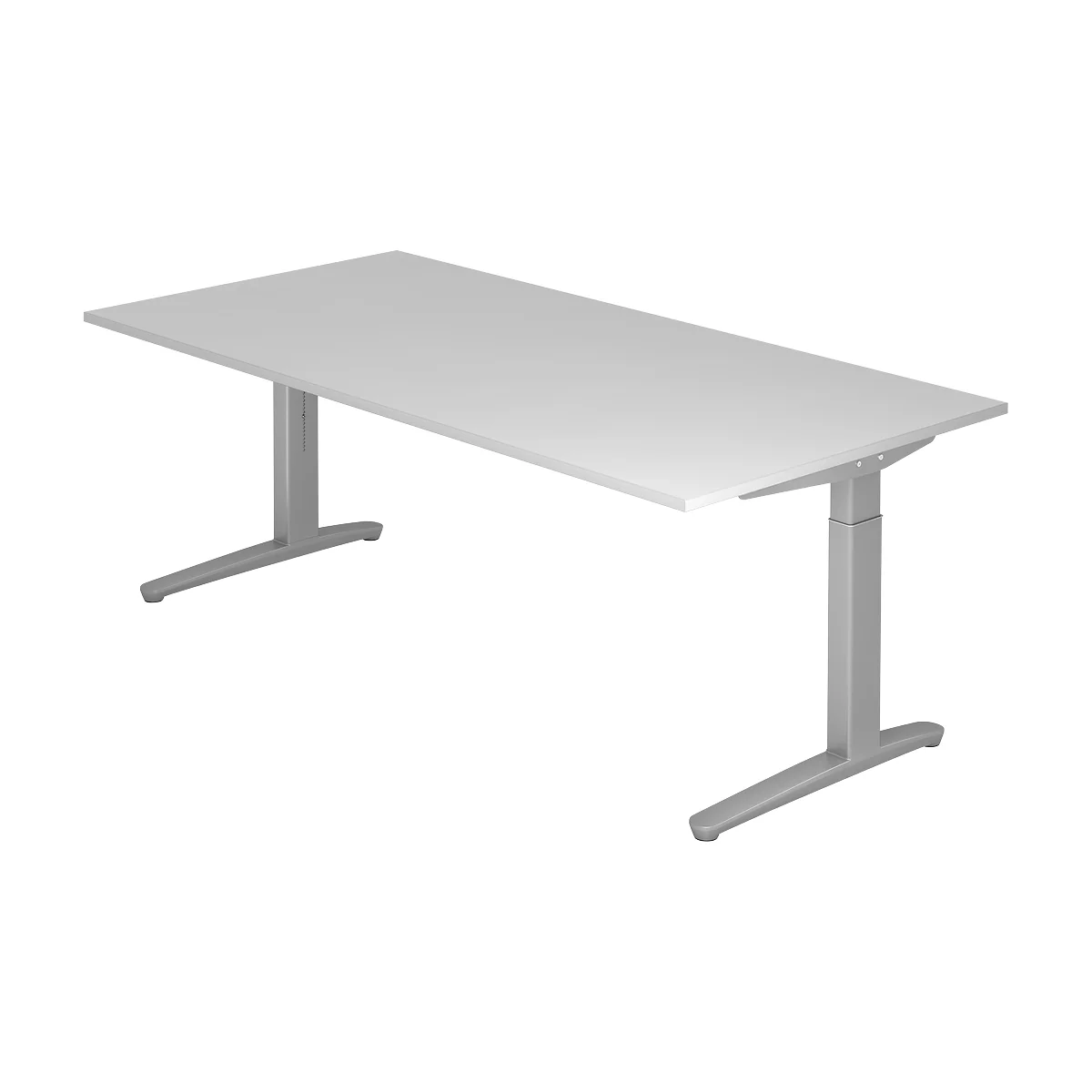 White, height-adjustable desk, against white background. Two grey table legs.