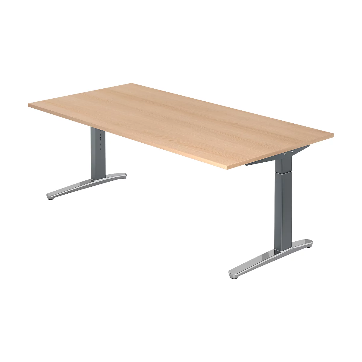 A light brown rectangular desk with gray-silver, height-adjustable legs against a white background.