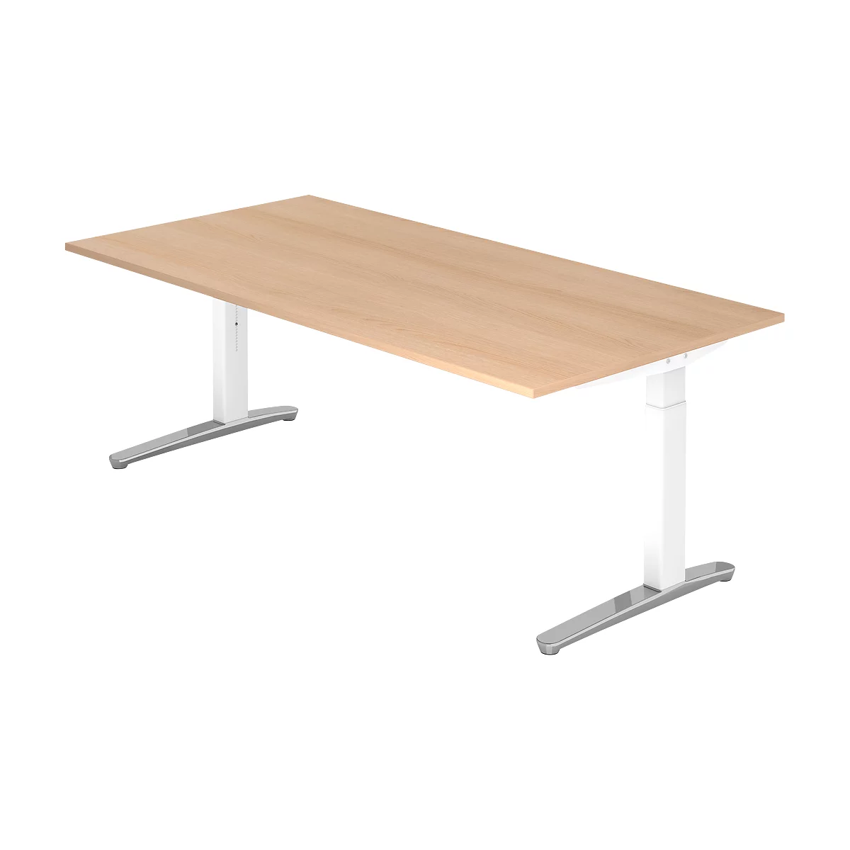 A height-adjustable desk with a light wood top and white-silver legs.