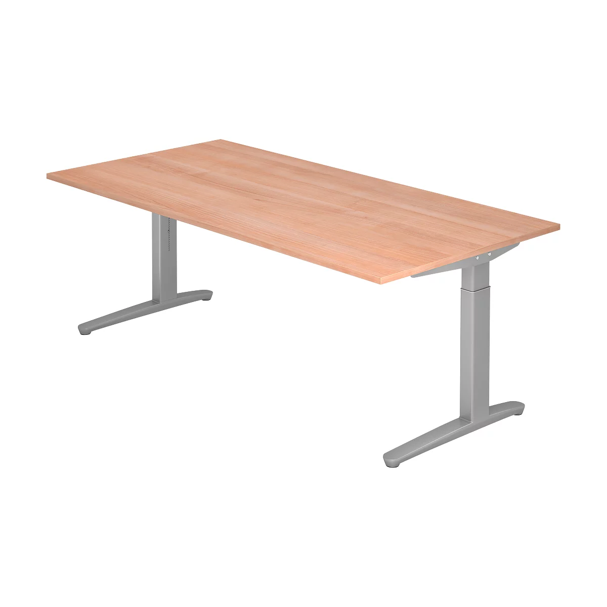 A rectangular, height-adjustable desk in wood look. The legs are silver.