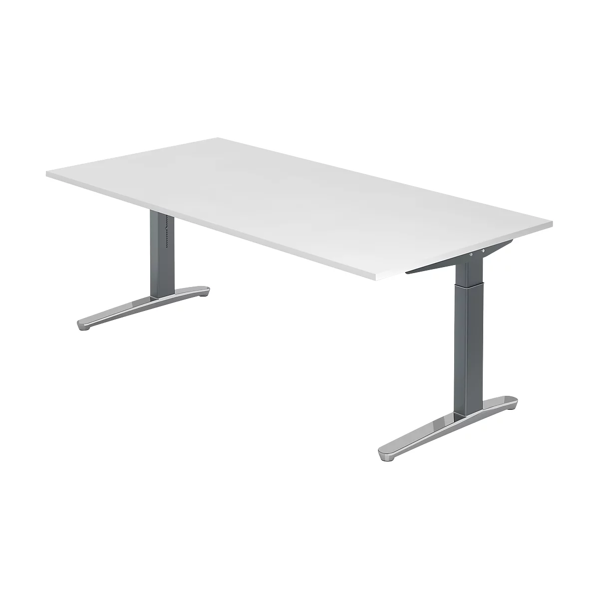 A rectangular white desk with height-adjustable gray legs. The tabletop is smooth and even.