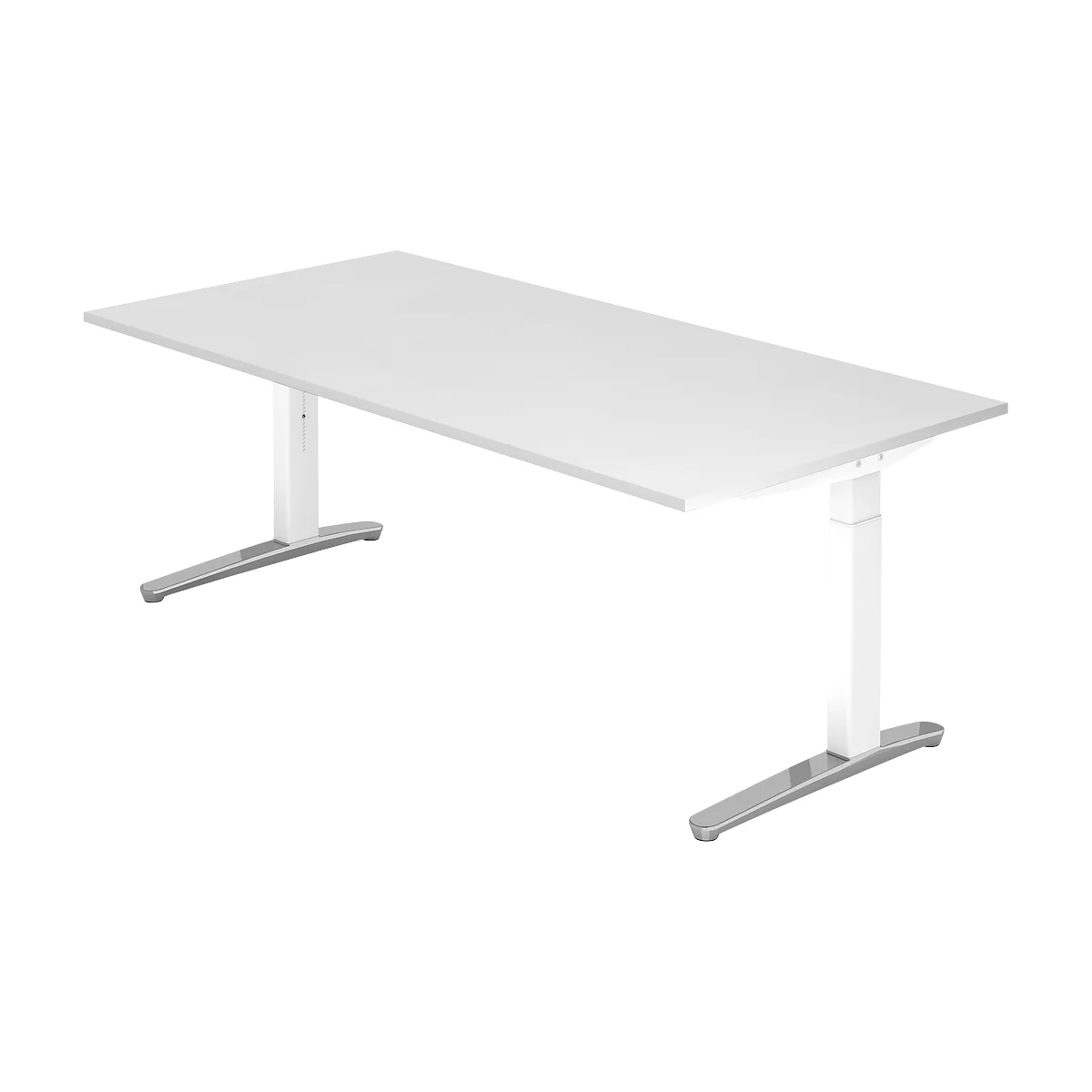 A white height-adjustable desk, rectangular tabletop, two silver-colored T-shaped legs.