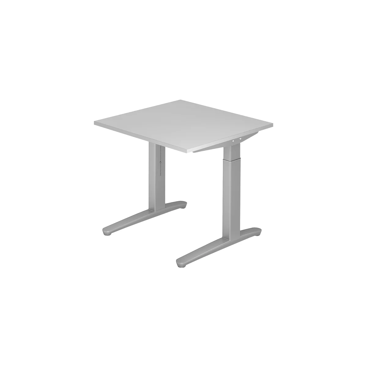 A gray height-adjustable desk against a white background. The tabletop is rectangular, the legs are sturdy and modern.