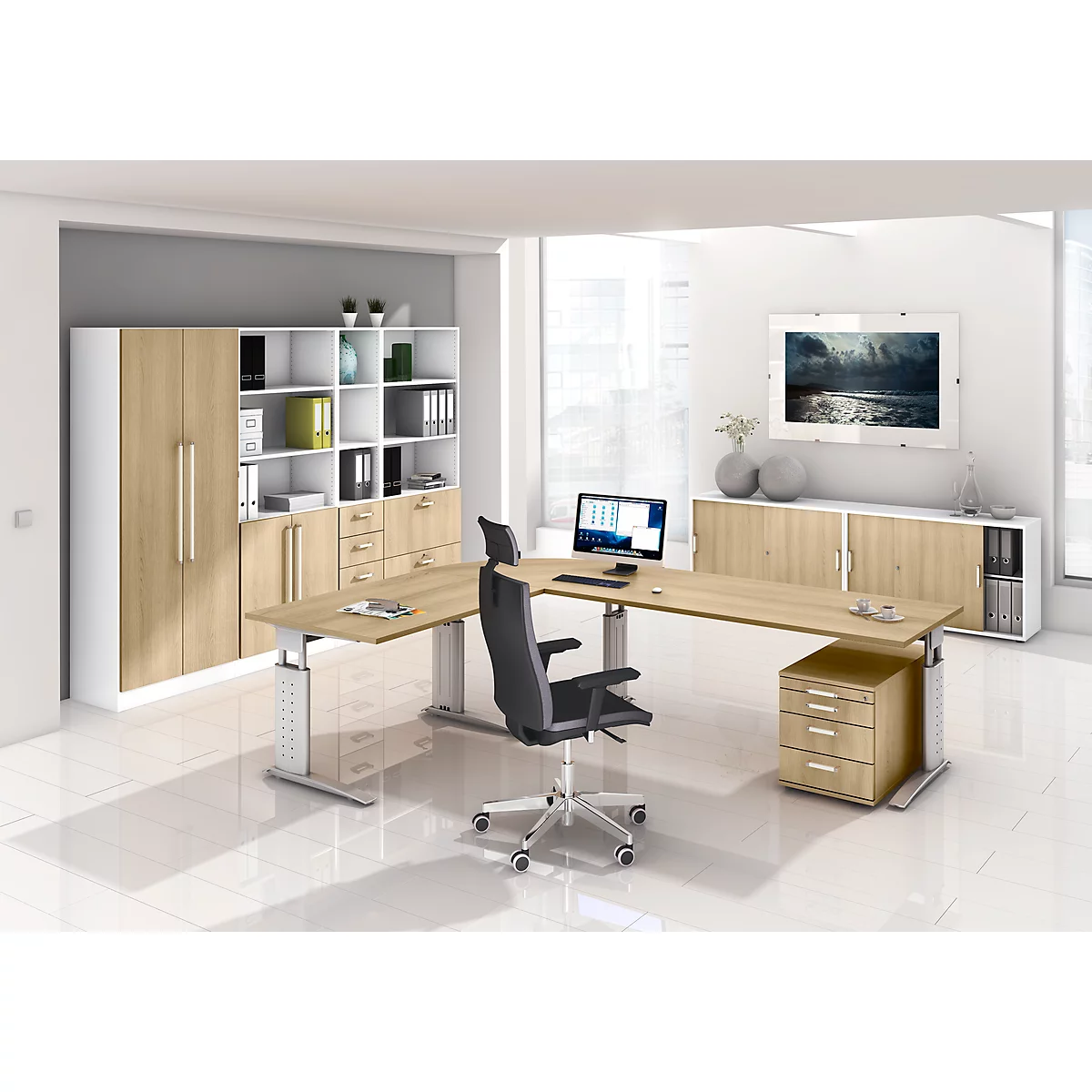 Modern office with corner desk, office chair, and cabinets. On the desk: monitor, cup, etc. Bright colors.