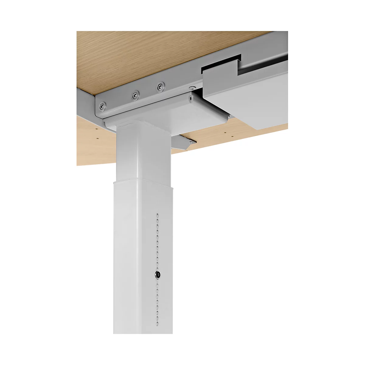 Close-up of a white height-adjustable desk column. Part of the table top and holder above.