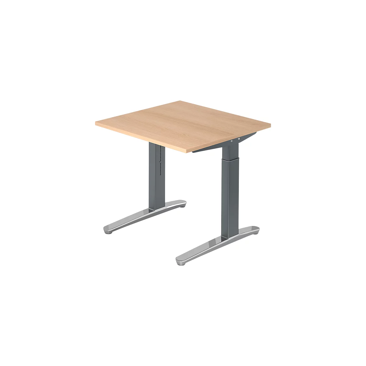 Light brown square standing desk with gray, height-adjustable legs. The tabletop is made of wood-look material.