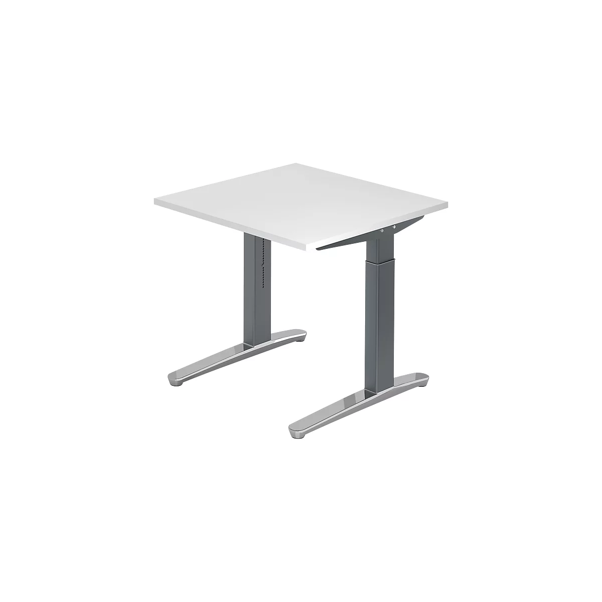 White, square desk on gray-silver height-adjustable legs, isolated.