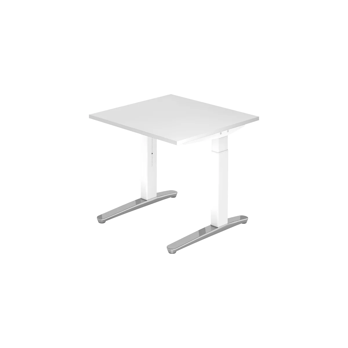 White, square, height-adjustable desk. Gray feet, white columns, light tabletop.
