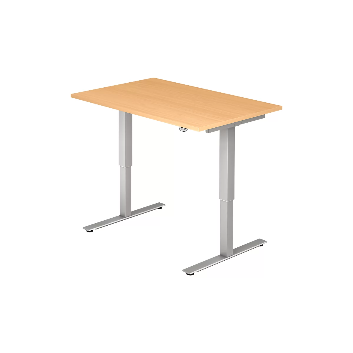 A light, height-adjustable desk with a rectangular tabletop and silver legs. A control is attached to the edge of the table.