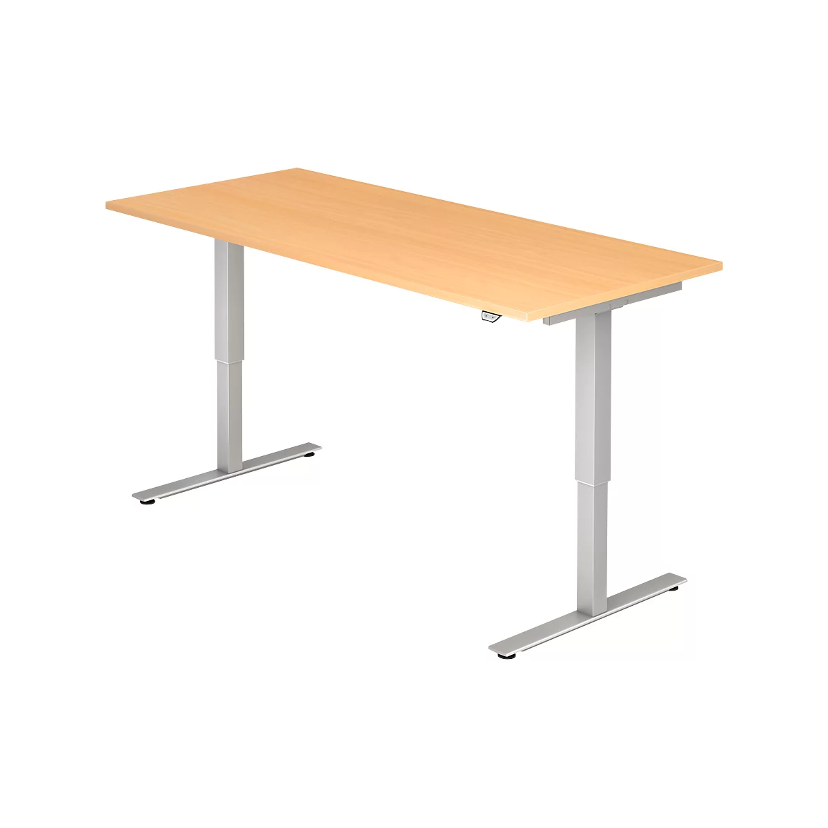 A height-adjustable desk with a light wood top and silver-gray legs. It stands against a white background.