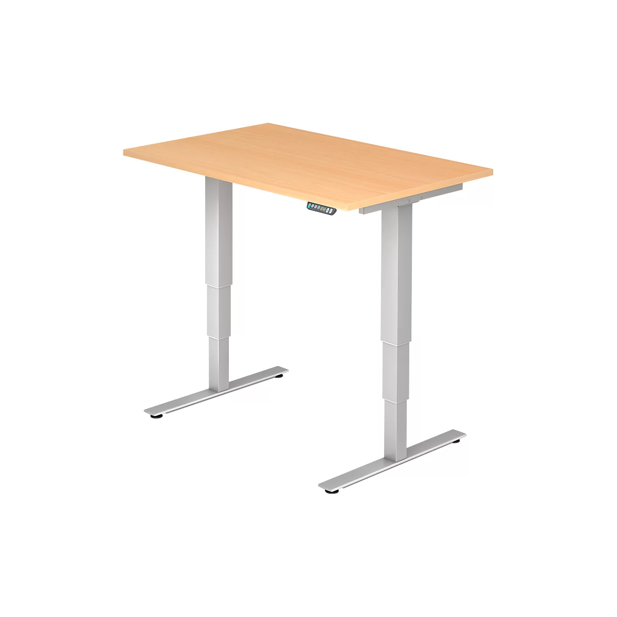 A height-adjustable desk with a light brown table top and silver legs. There is a control panel on the table top.