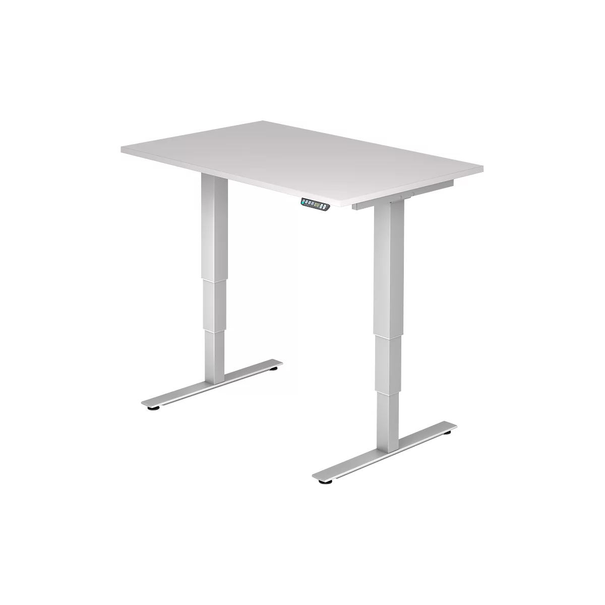 A white, height-adjustable desk. The tabletop is rectangular, the legs are square and made of metal. Control panel on the edge of the table.