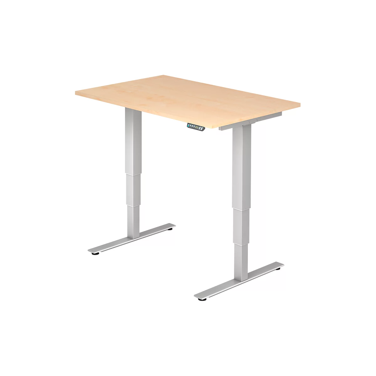 A height-adjustable desk with a light wood top and silver legs. There is a control panel on the tabletop.