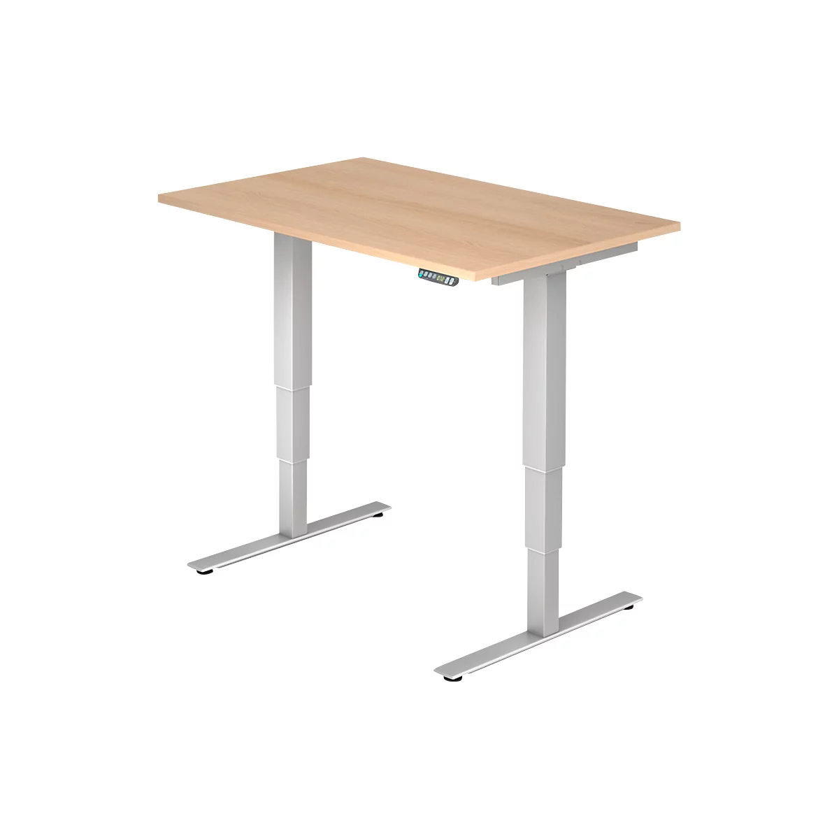A height-adjustable desk with a light brown tabletop and silver legs that can be adjusted at the touch of a button.
