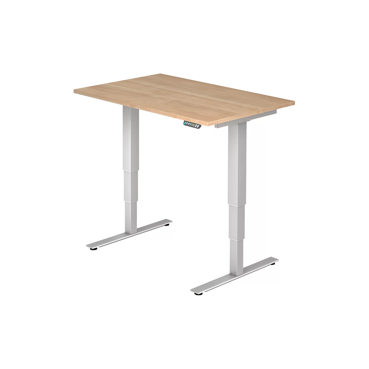 A height-adjustable desk with a light brown table top and silver legs. Control panel for height adjustment.