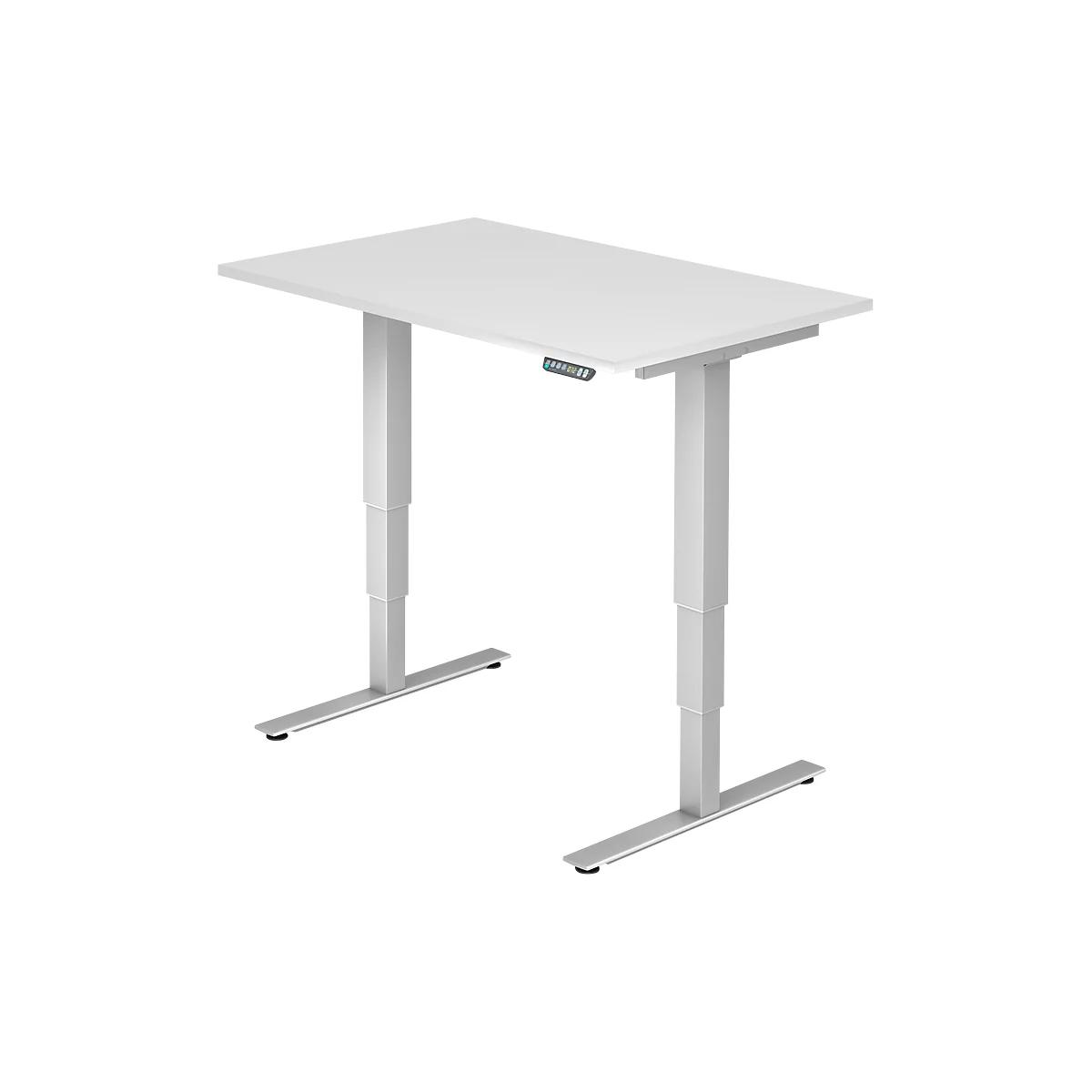 White, height-adjustable desk on a white background. Controls on the tabletop.