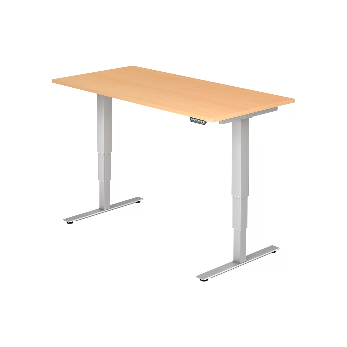 An adjustable height desk with a light wood top and silver frame against a white background.
