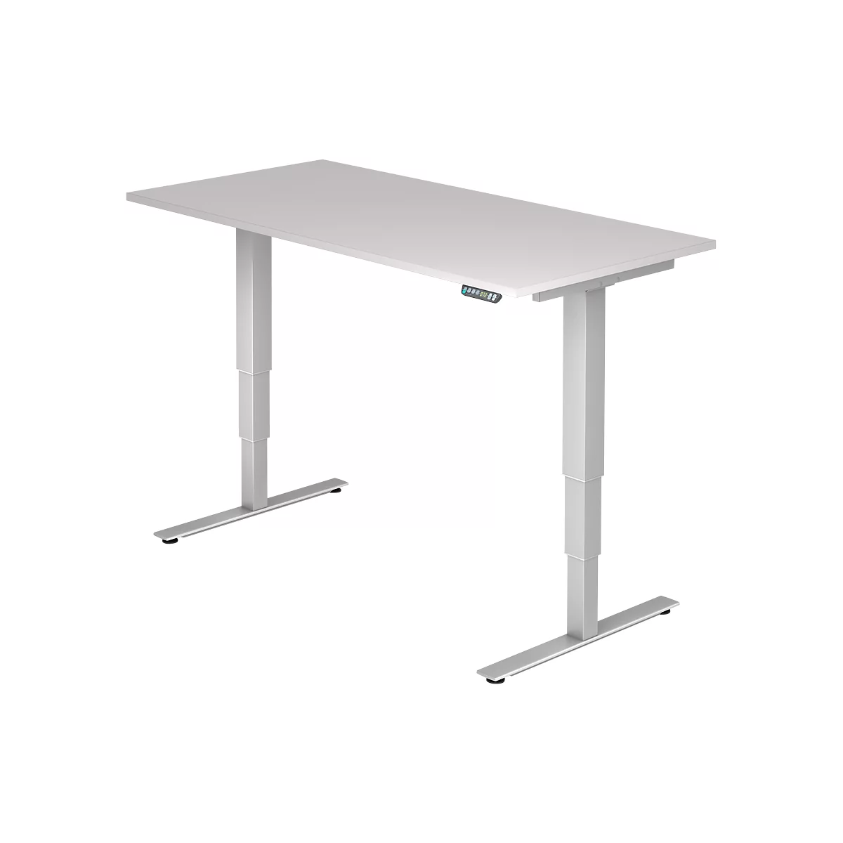 A white, height-adjustable desk with silver legs. A control unit can be seen on the table.