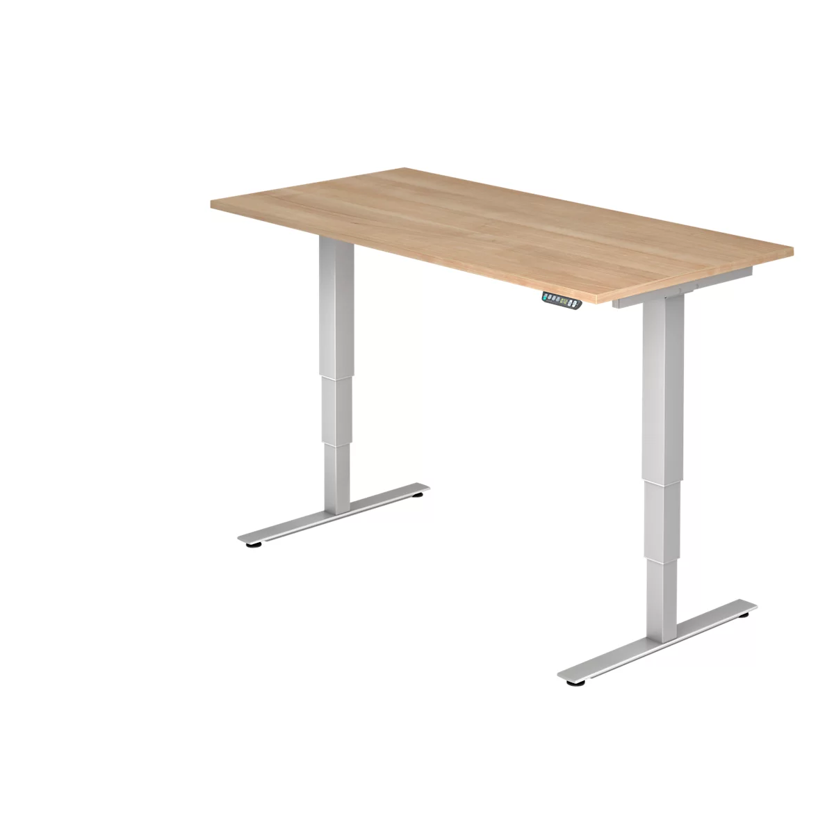 Light brown height-adjustable desk with silver frame.