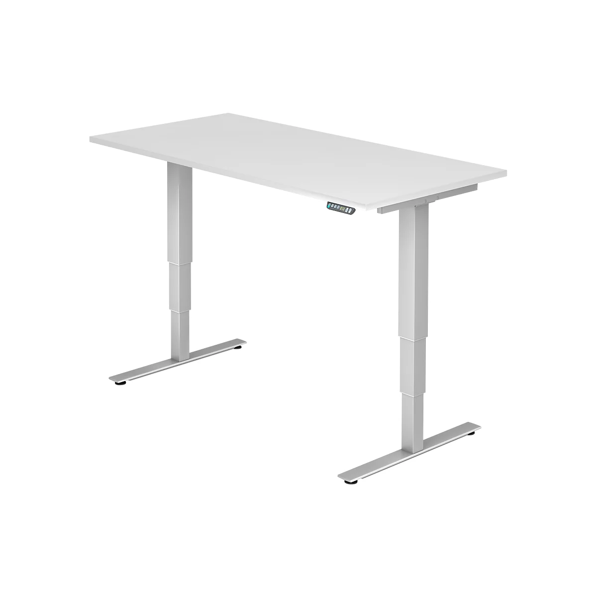 White height-adjustable desk, standing against a white background. A control is attached to the table top.