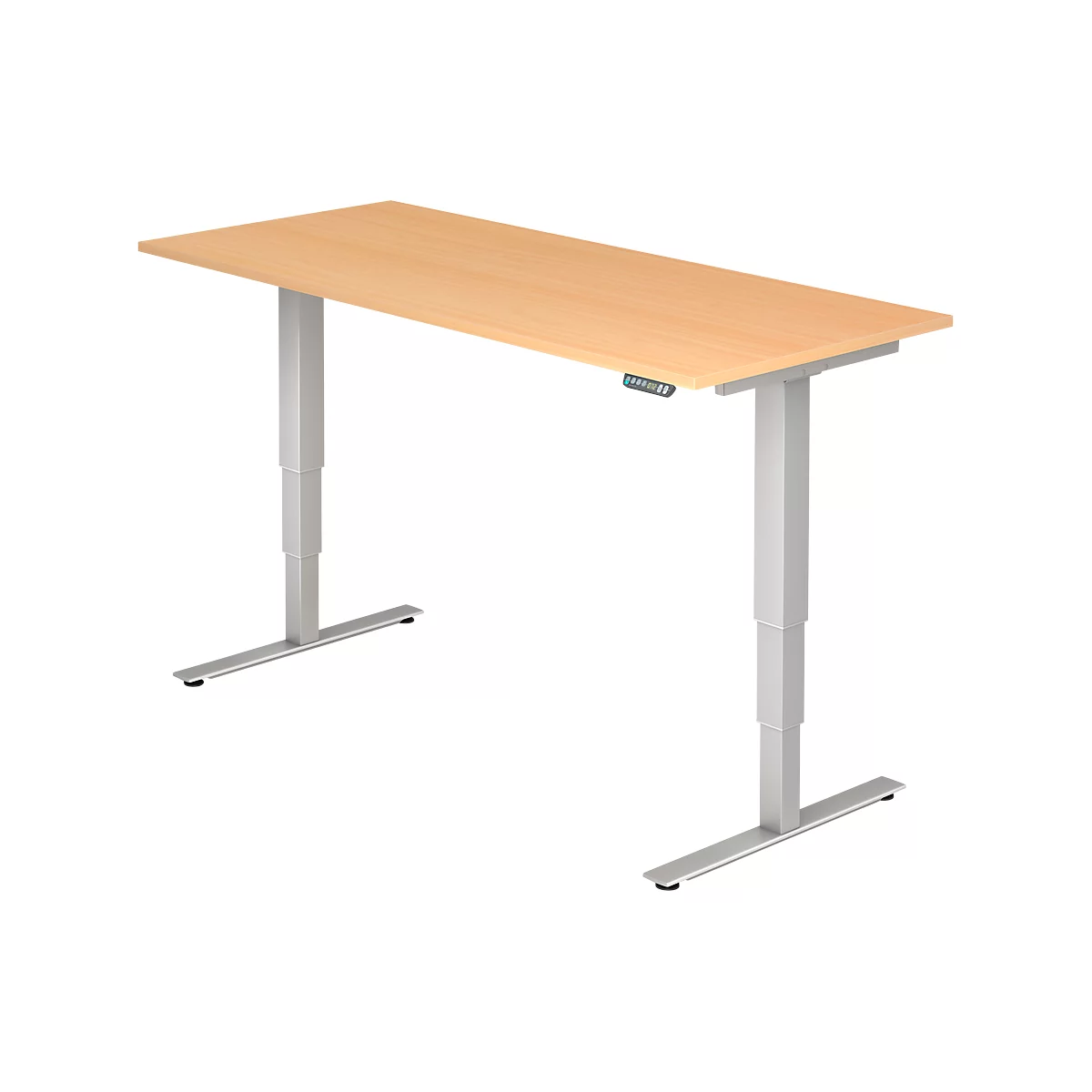 Height-adjustable desk, light wood, grey legs, controls.