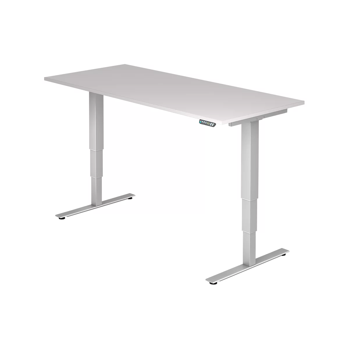 A white, height-adjustable desk. The table top is rectangular. There are controls on the side.