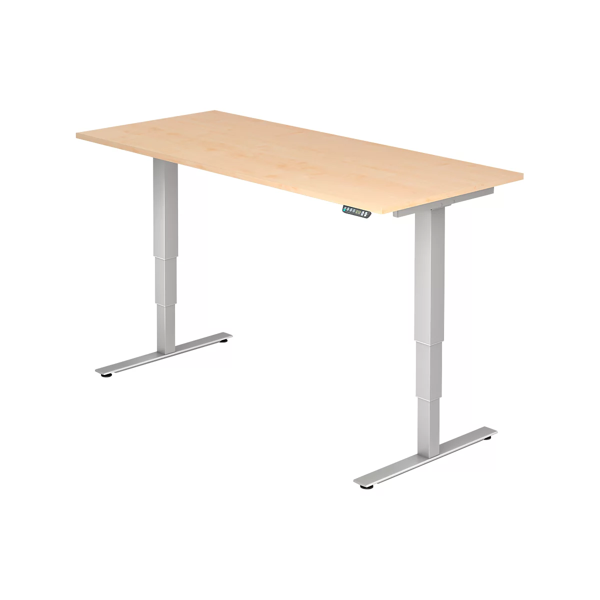 A height-adjustable desk with light wood and silver legs. A control unit is attached to the desk.