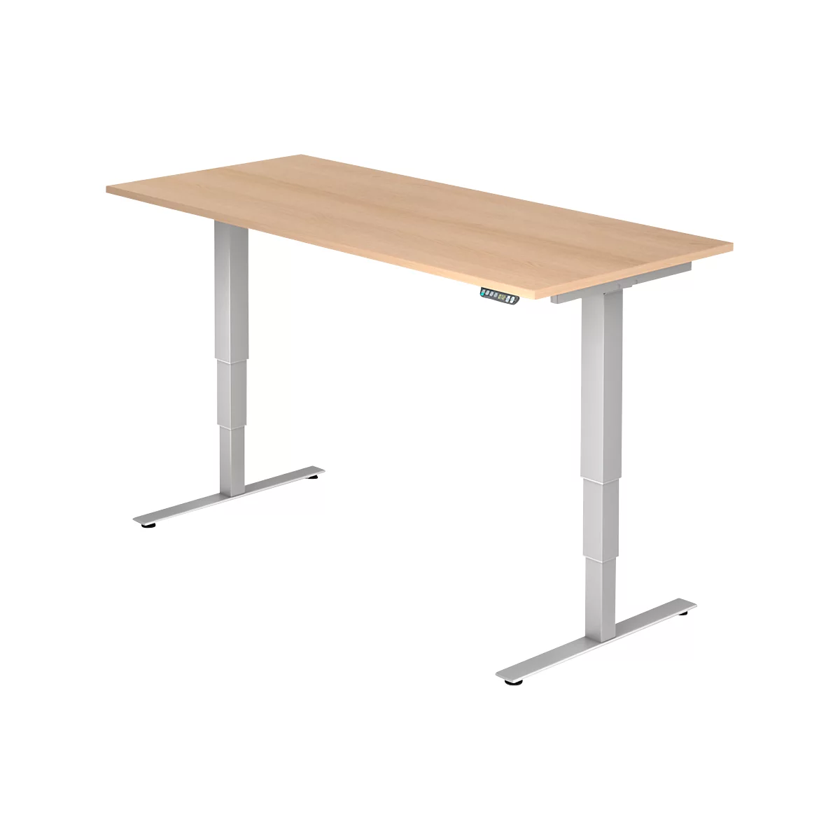 A height-adjustable desk with light brown tabletop and silver legs against a white background.