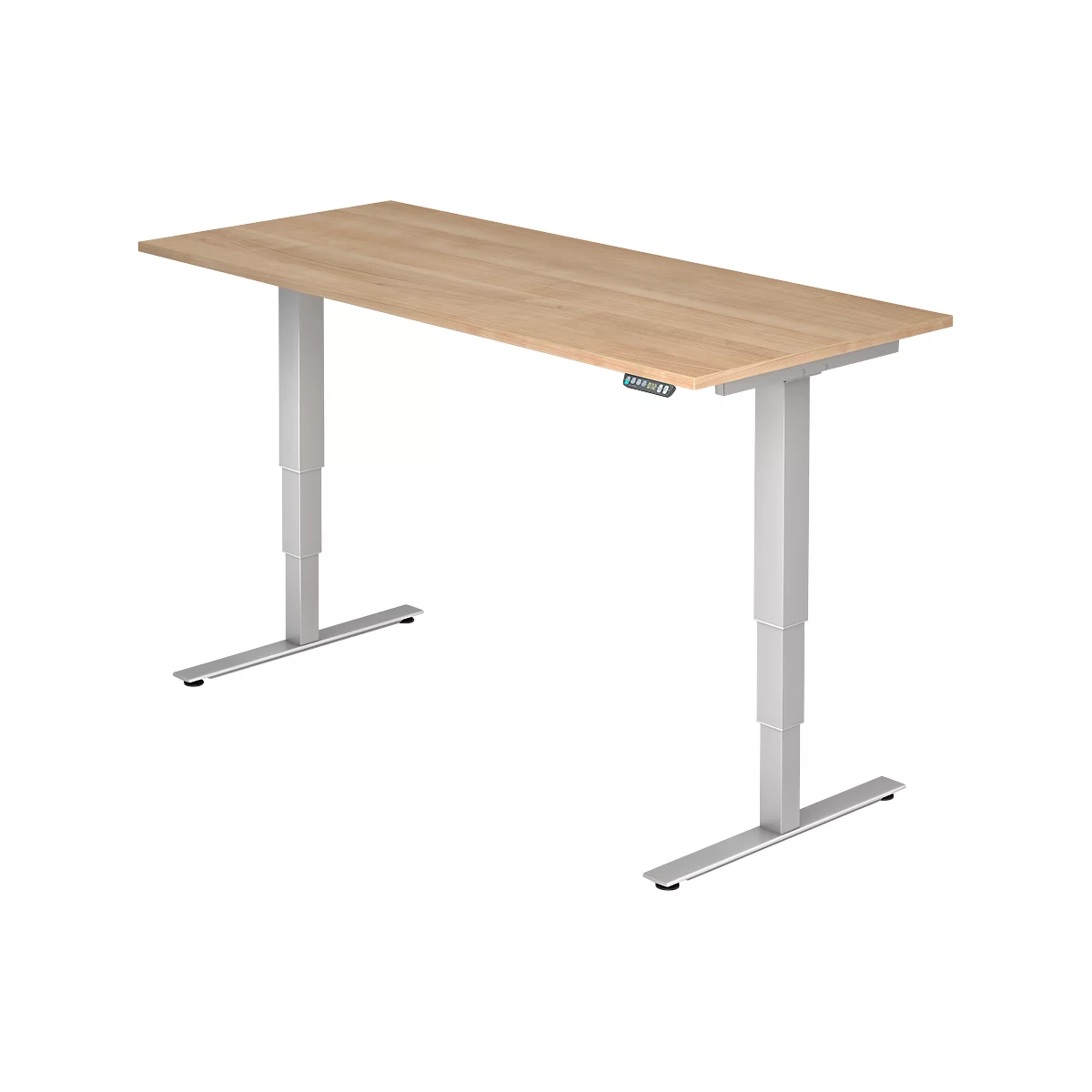 A height-adjustable desk with a wooden top and silver legs. Control panel on the edge.