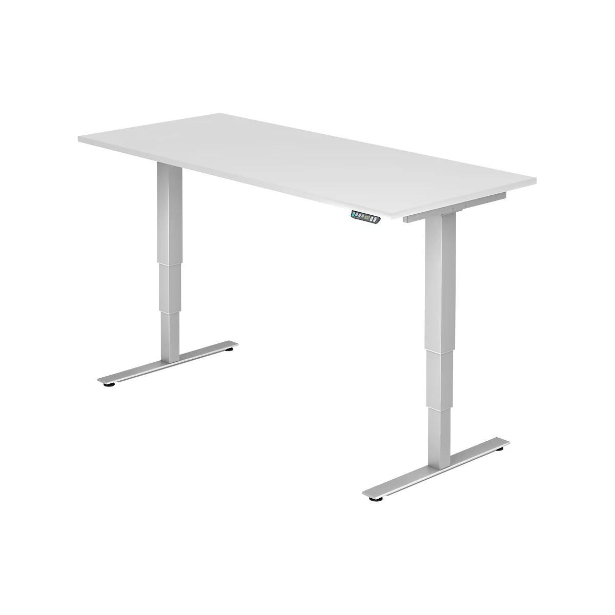 White, height-adjustable desk with silver legs against a white background.