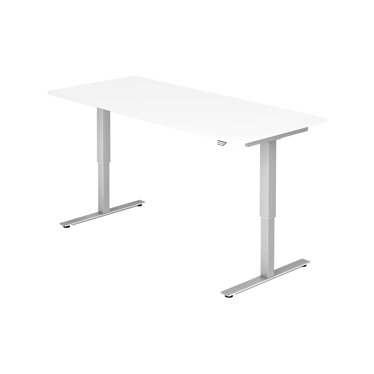 White height-adjustable desk, silver legs, rectangular table top, neutral background.