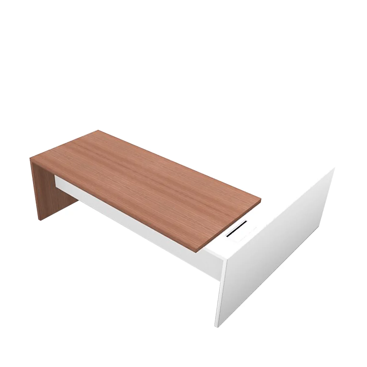 A coffee table. Brown wood on top, a white frame underneath. The table is depicted on a white background.