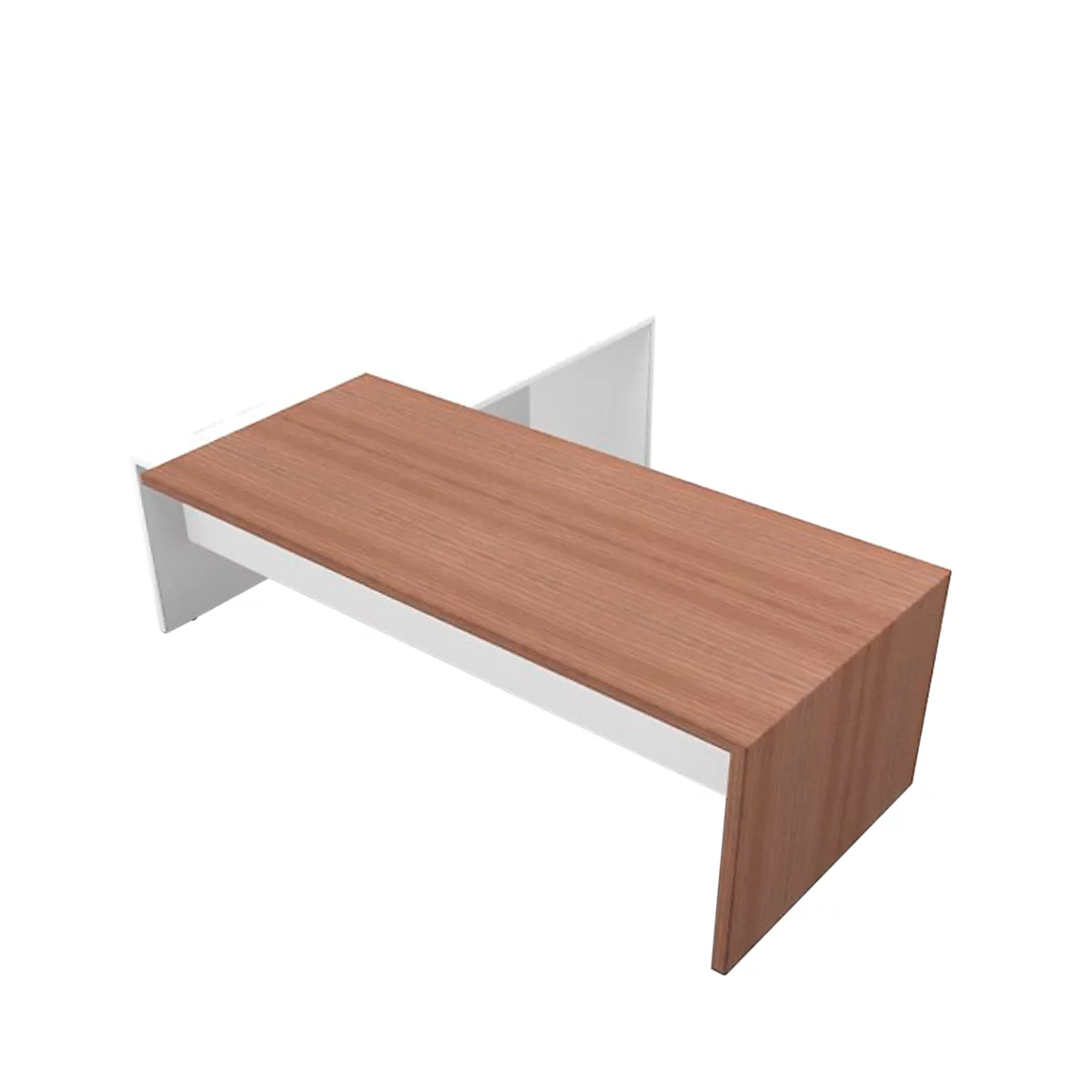Wooden office desk with white base, photographed slightly diagonally from above.