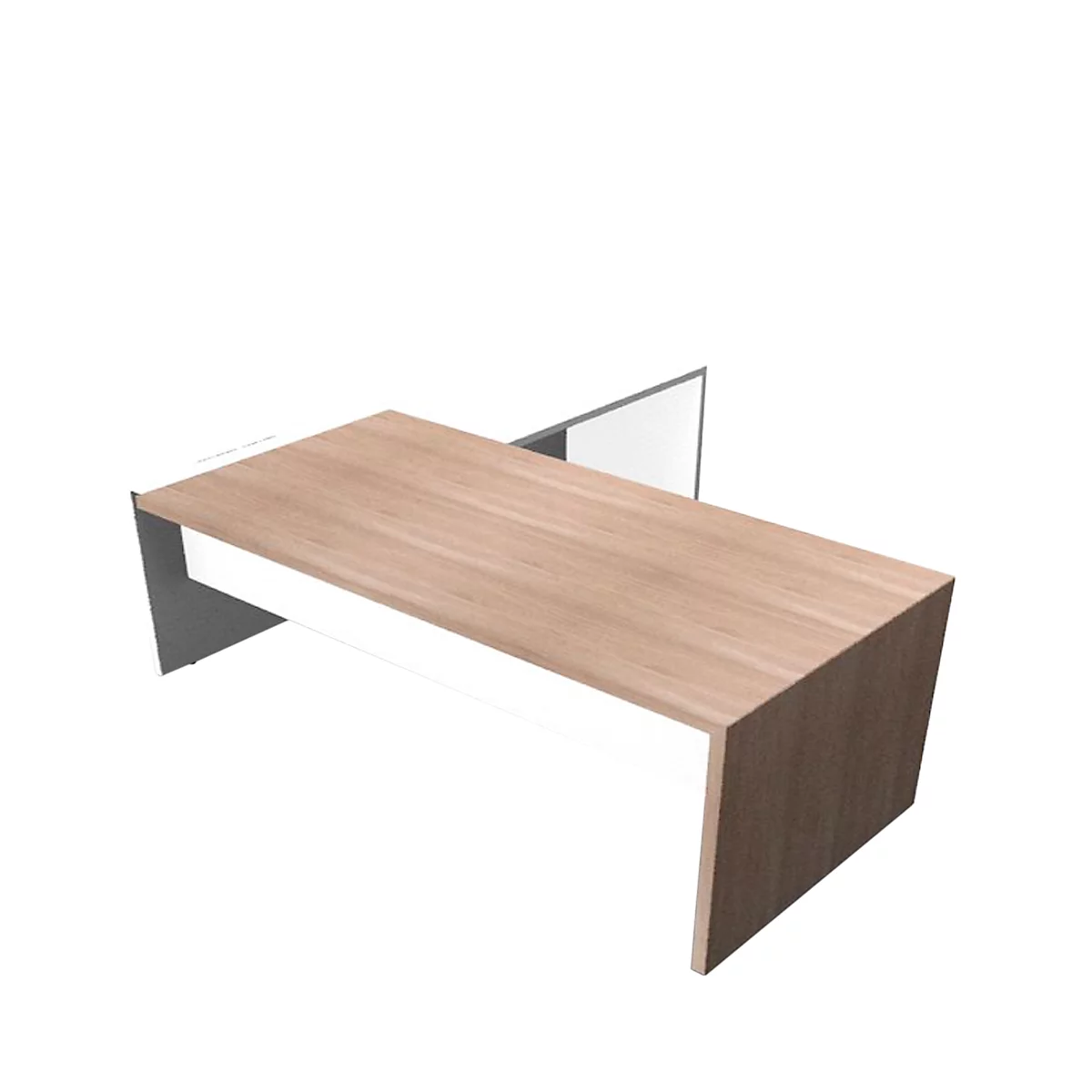 Wooden desk with white panel. Grey partition in the background.