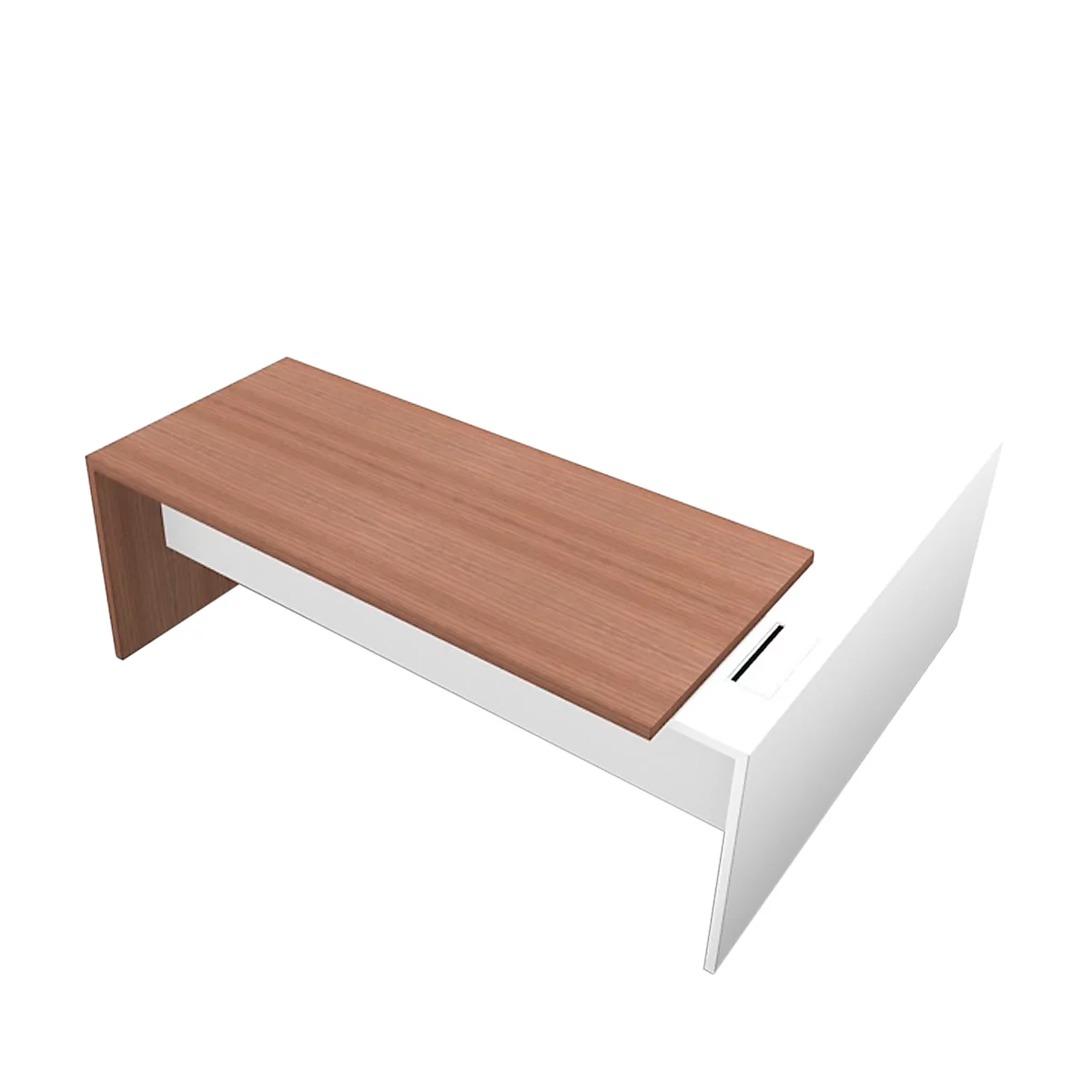 Desk with brown wooden top, white base and a black line.