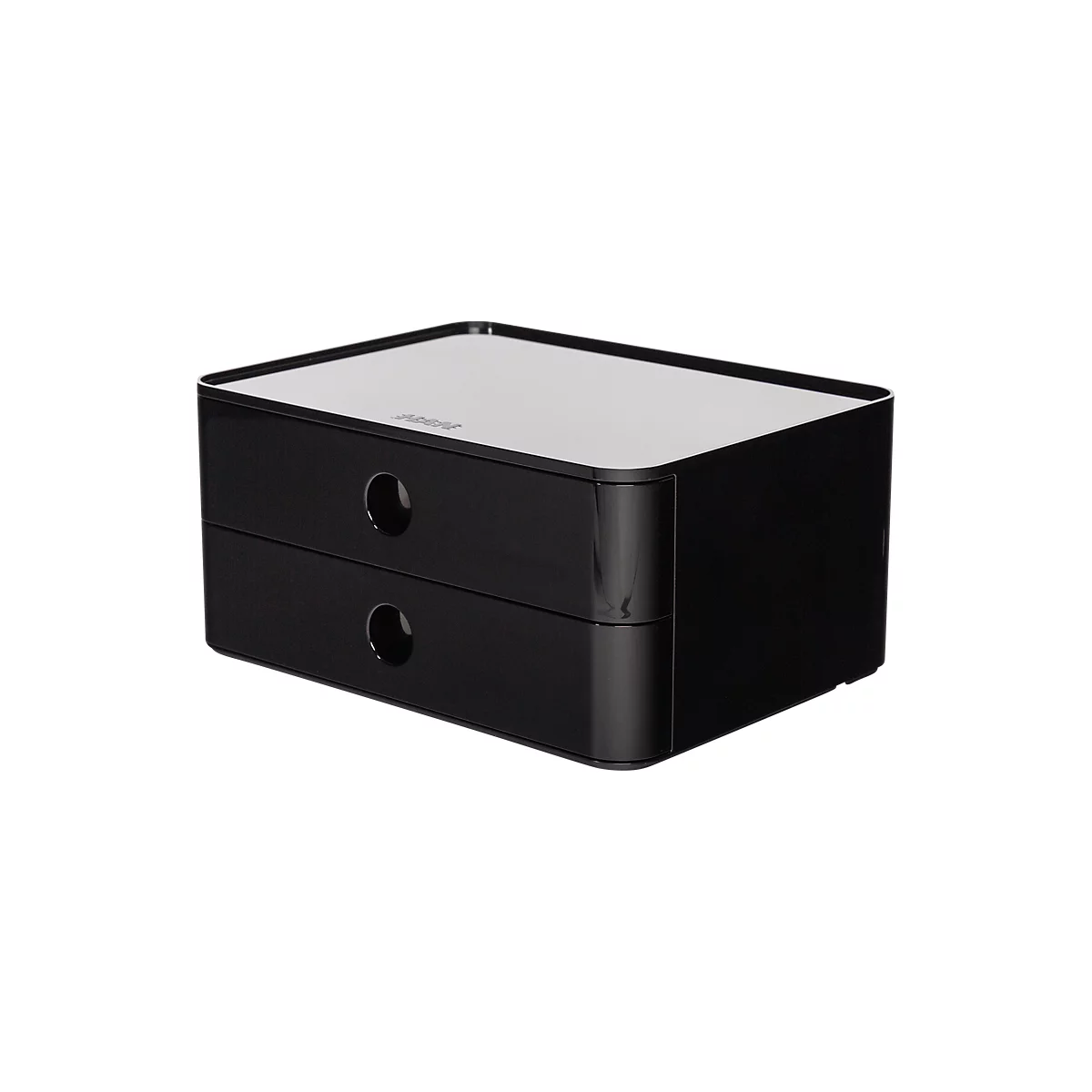 Black drawer cabinet with two drawers, glossy lid, round openings.