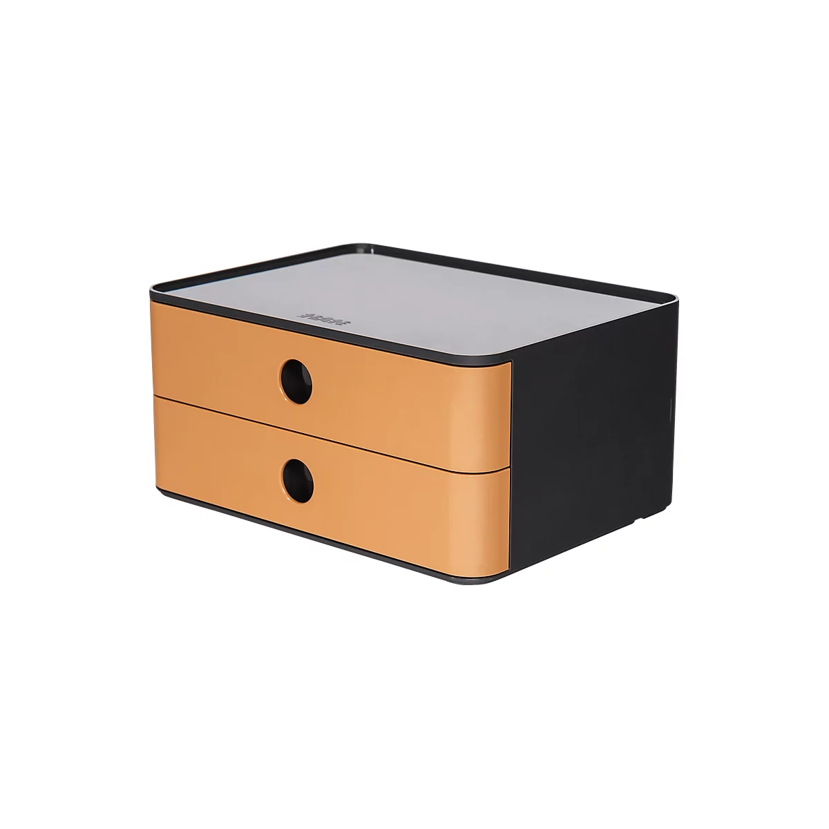Dark gray chest of drawers with two drawers and black handles, bronze-colored front.