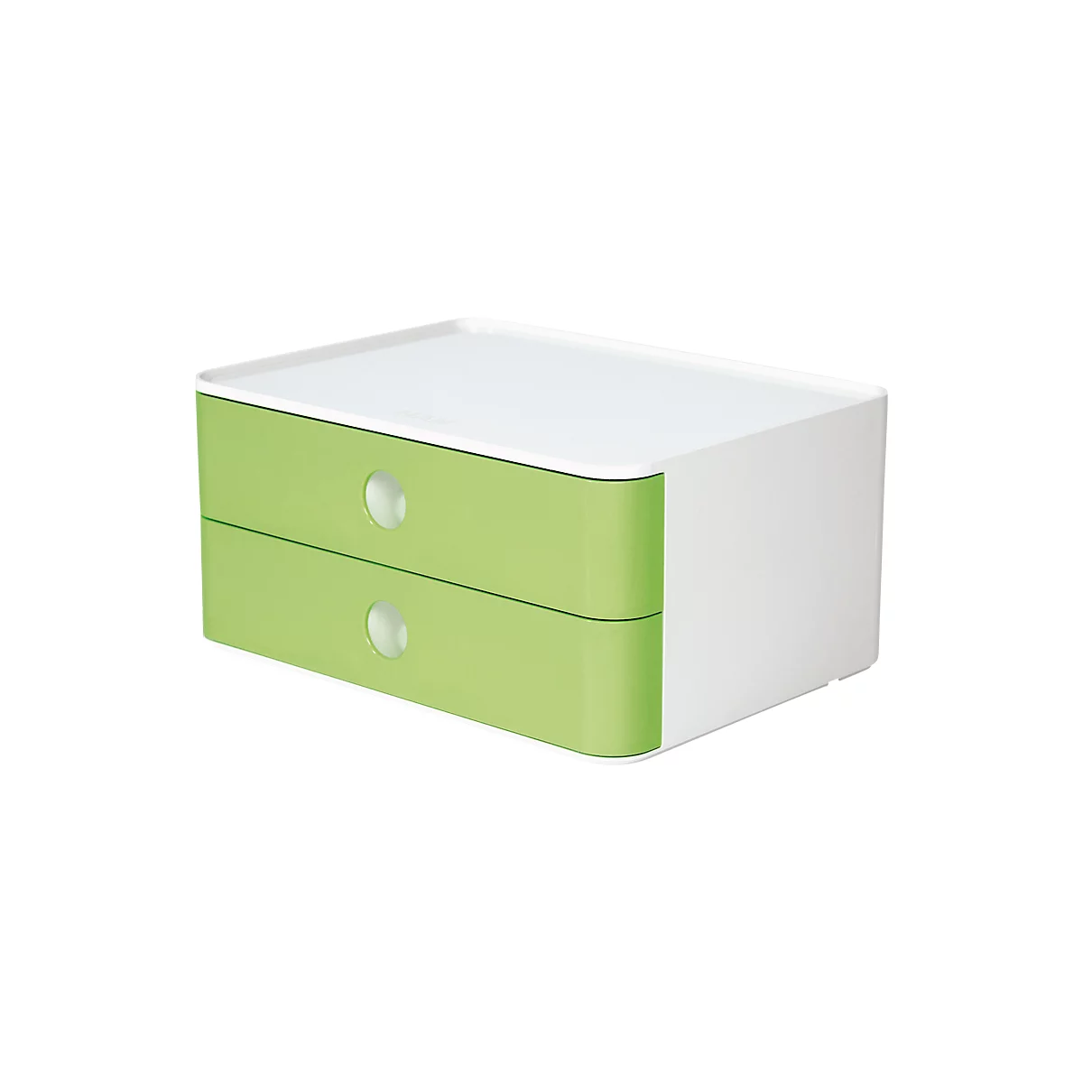 A white and green desk cabinet with two drawers and round handles.