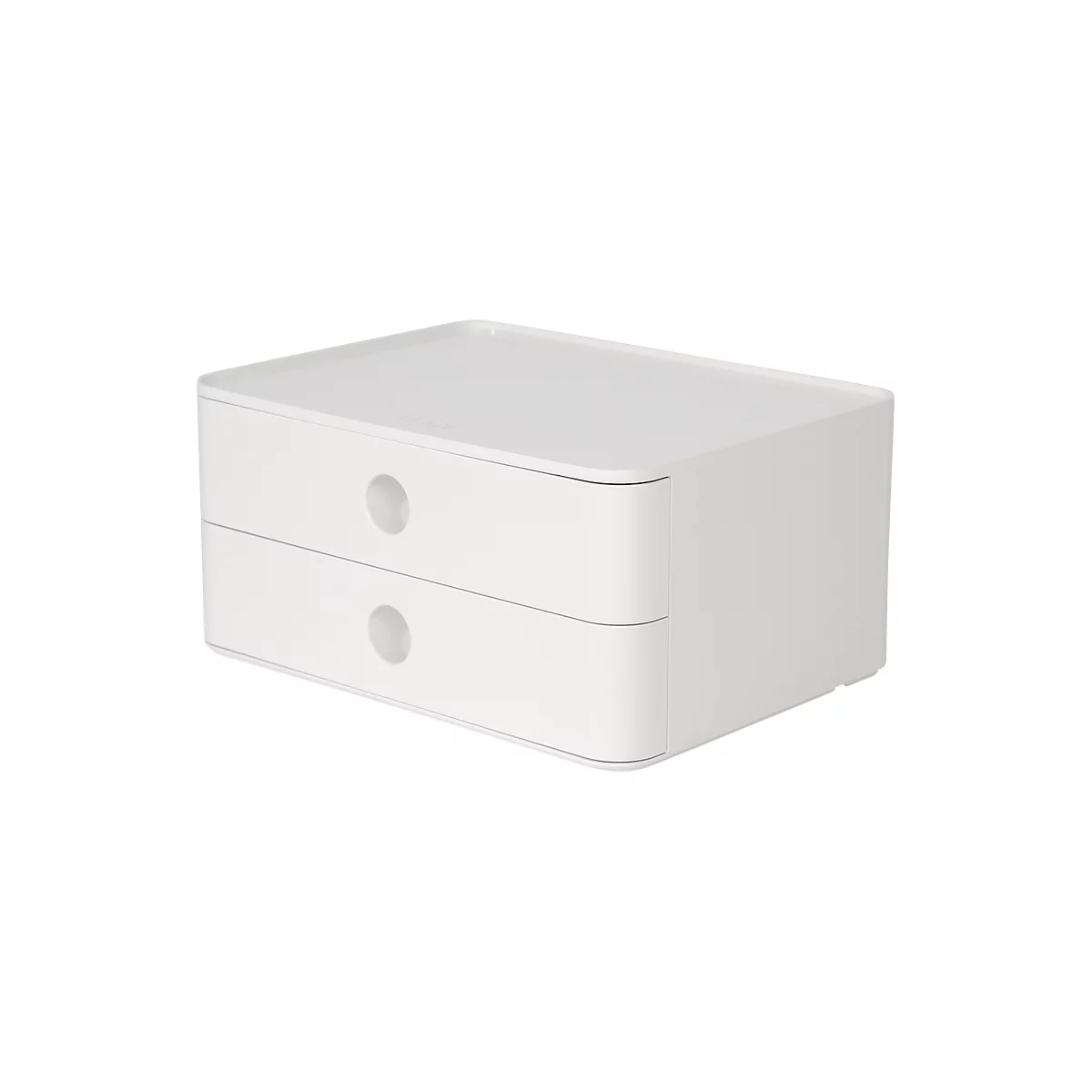 White desk organizer with two drawers and circular handles.